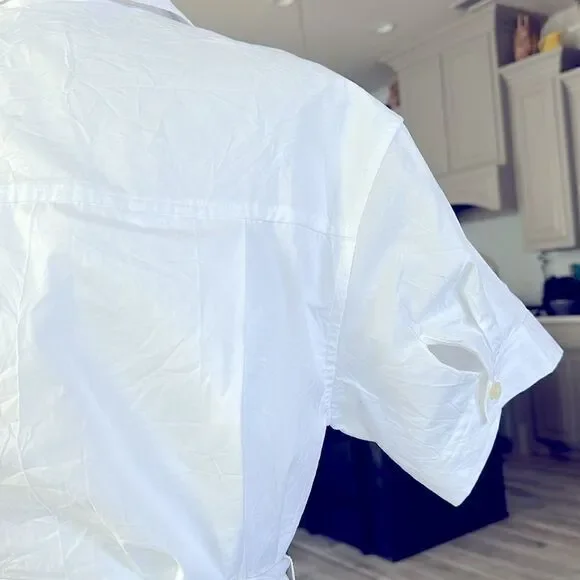 NWT Coach Wrinkled Button Down Dress White Short Sleeve Cotton Tie Pockets Mini - Picture 11 of 13